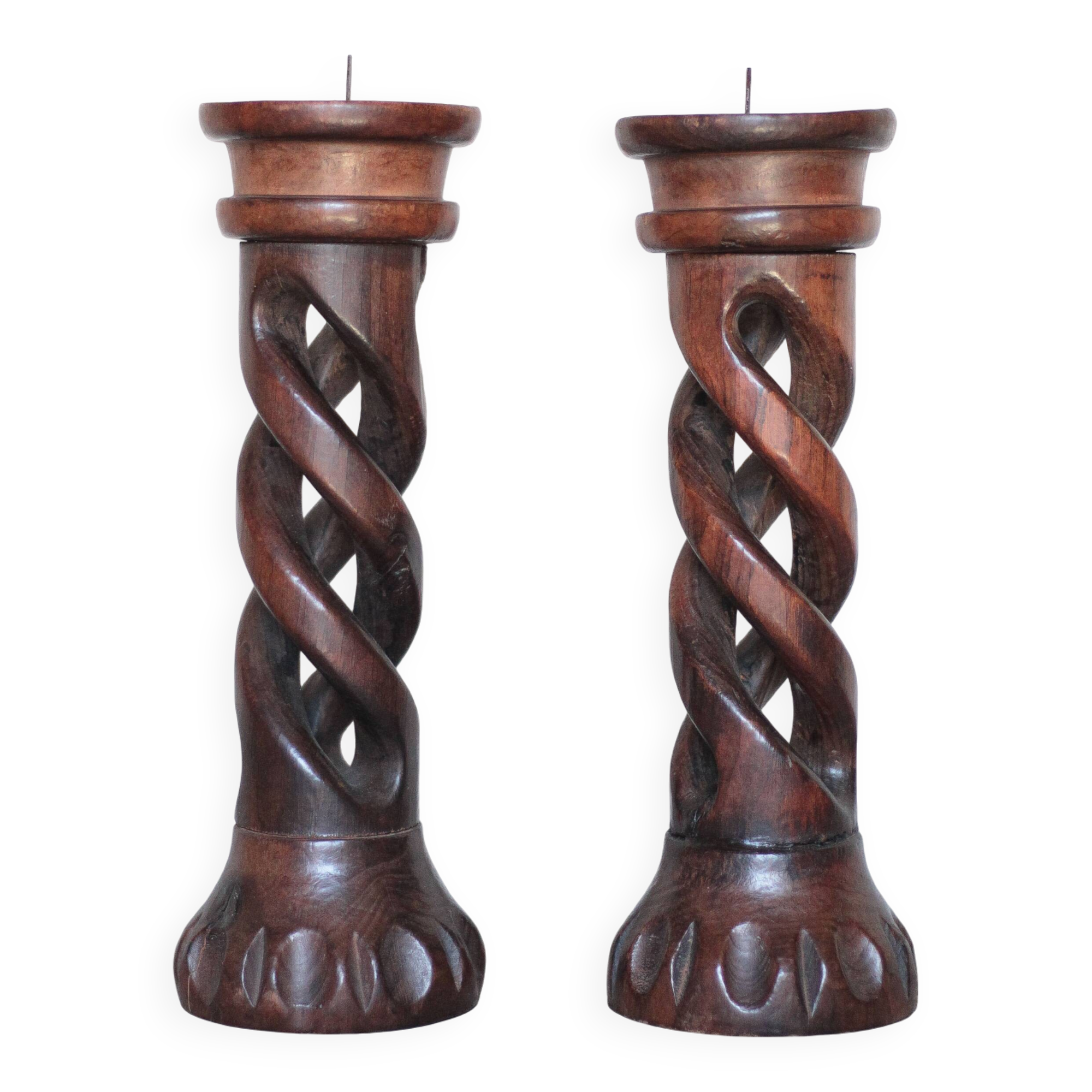 Pair of brutalist wooden candle holders, vintage wooden candle holder, decor