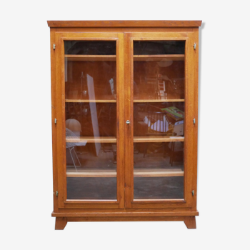 Vintage wooden glass bookcase cabinet