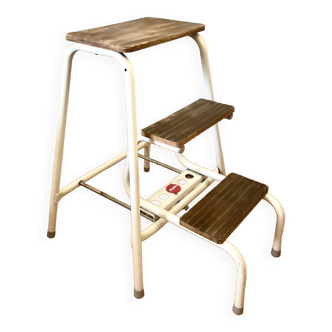 Hailo stepladder 3 wooden steps and white metal legs Vintage 70's