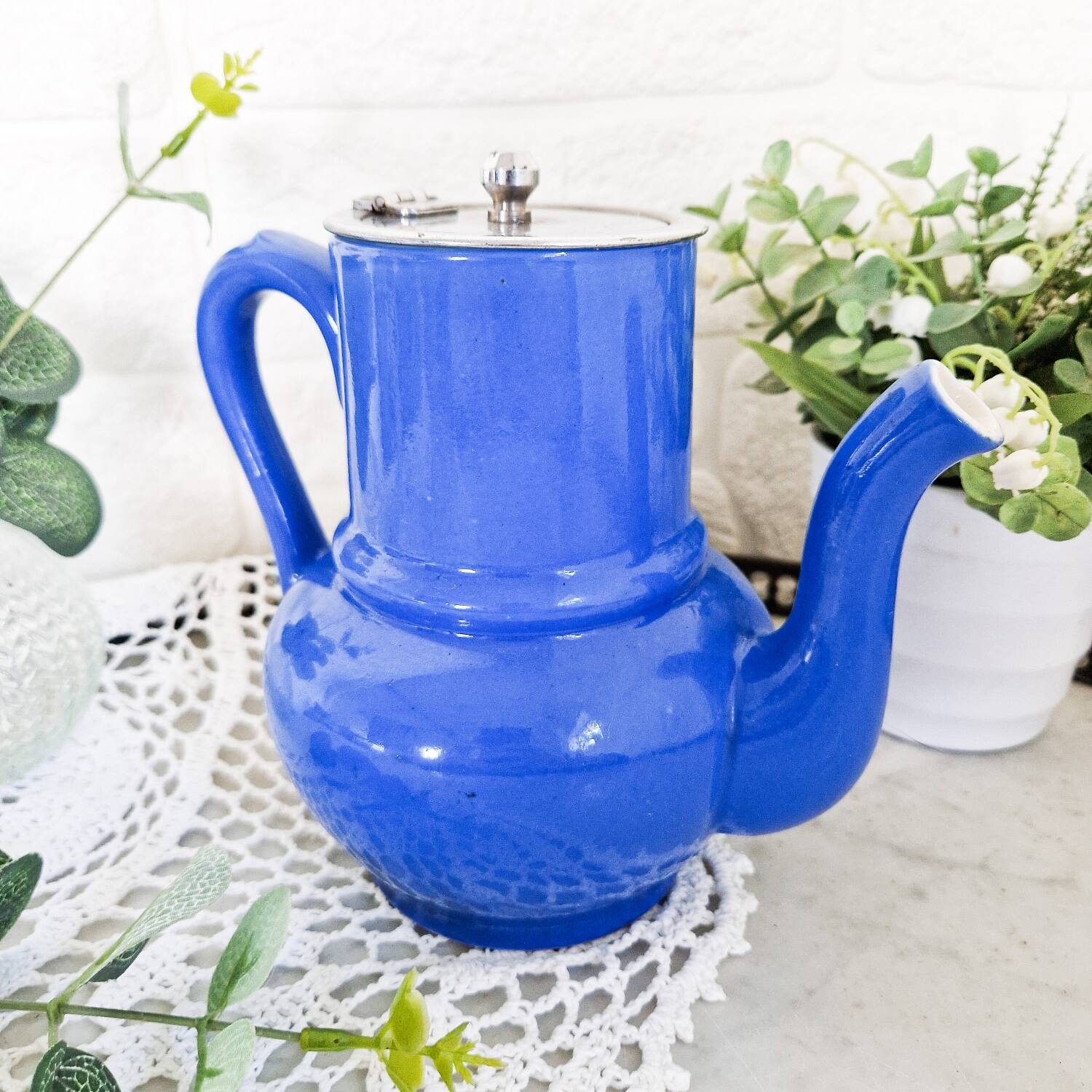 Small vintage cobalt blue ceramic teapot