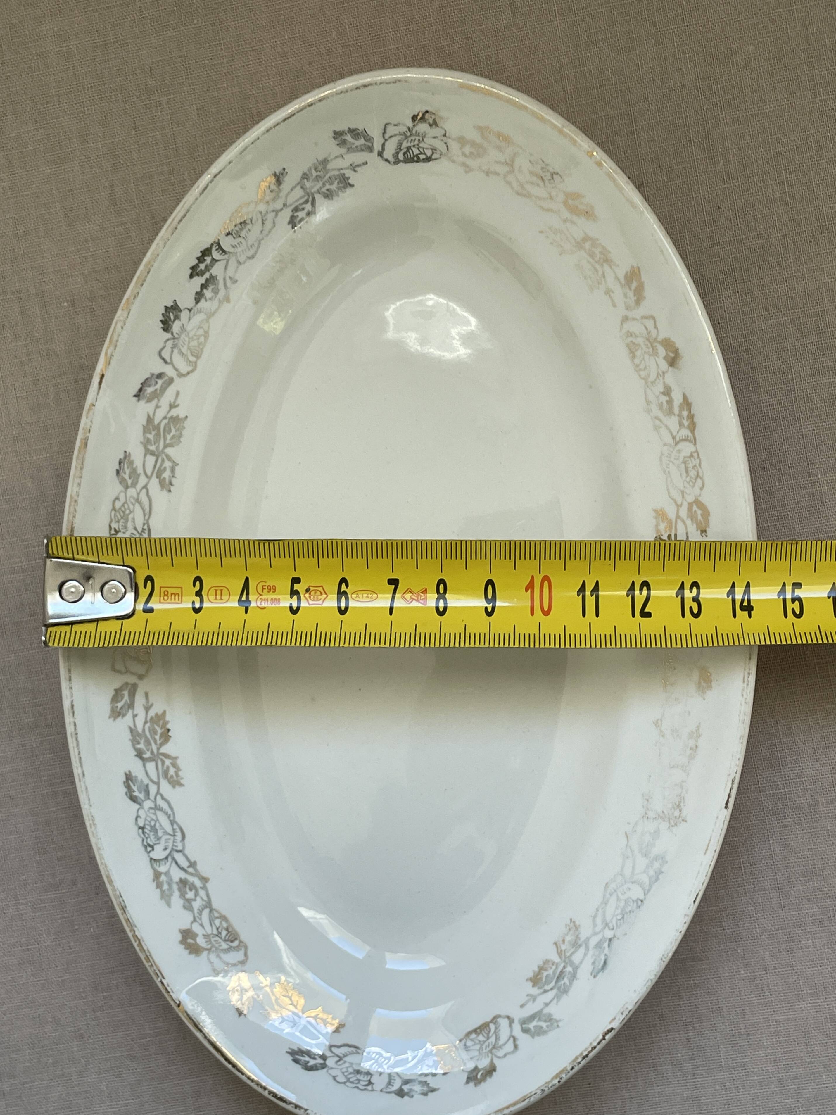 Antique oval plate Moulin des Loups Orchies – grey and gold floral decoration