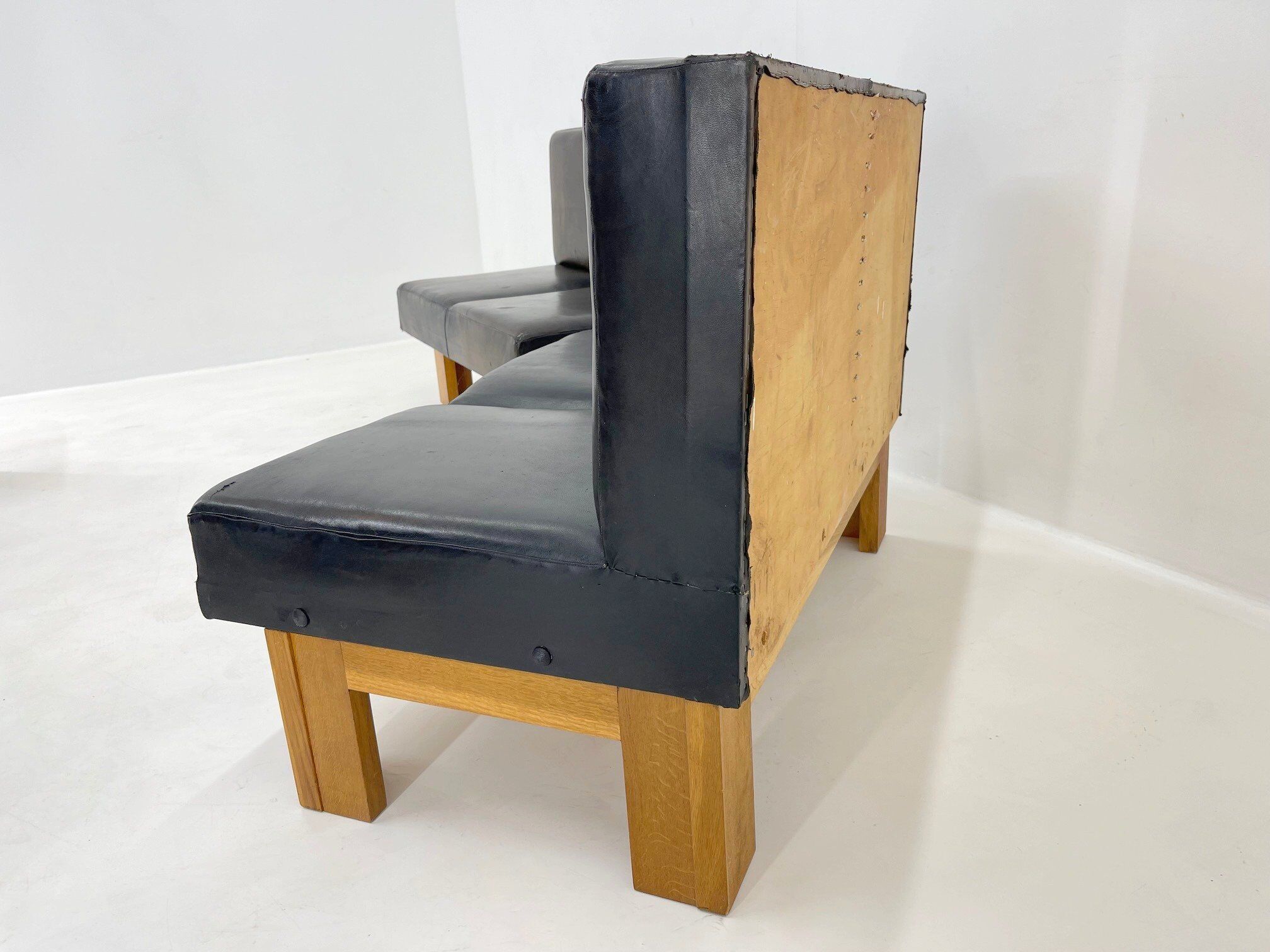 Leather & Oak Wood Modular Sofa and Chairs, 1970's
