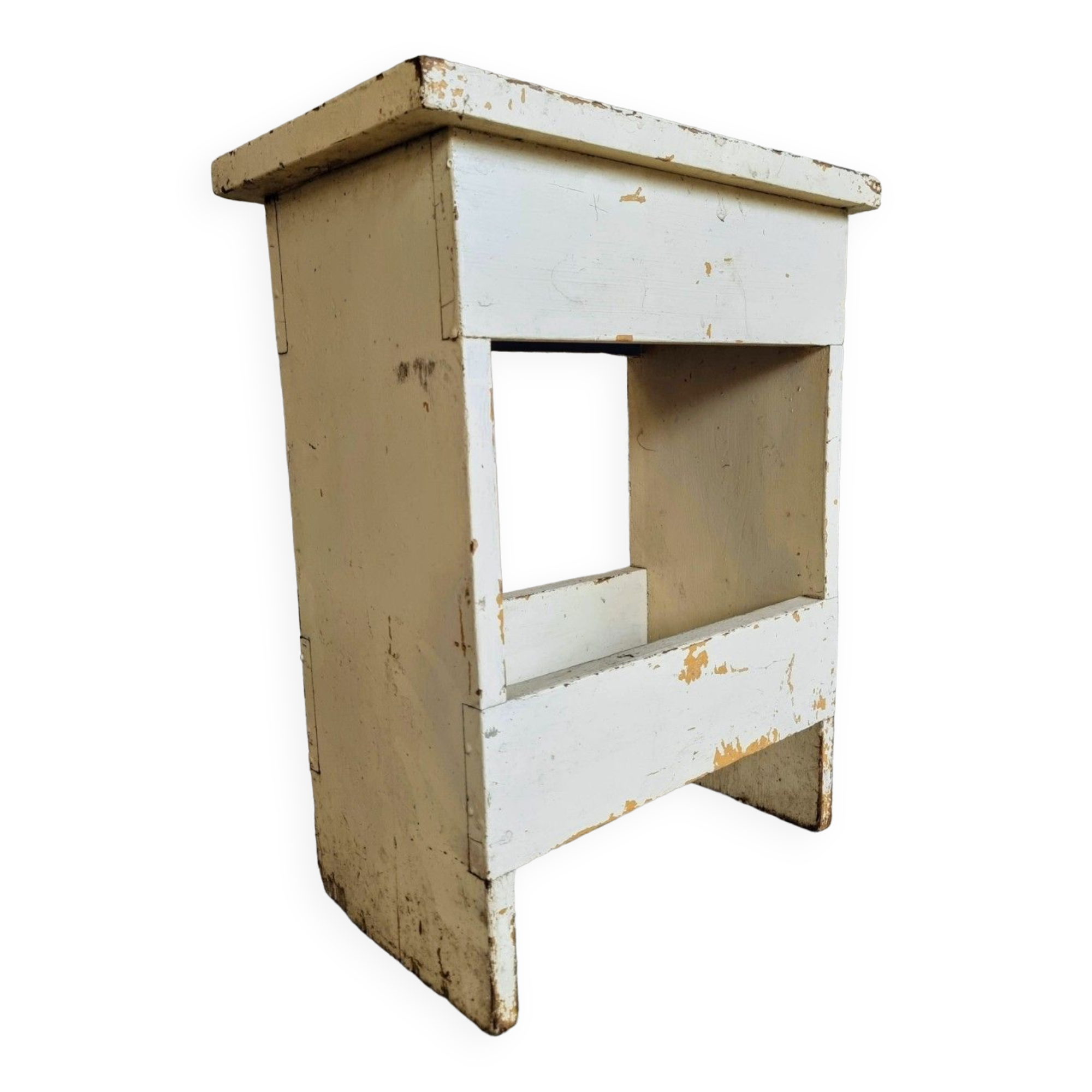 Vintage wooden stool side table creamy white