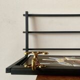 Vintage wall-mounted coat rack in steel, brass and ceramic