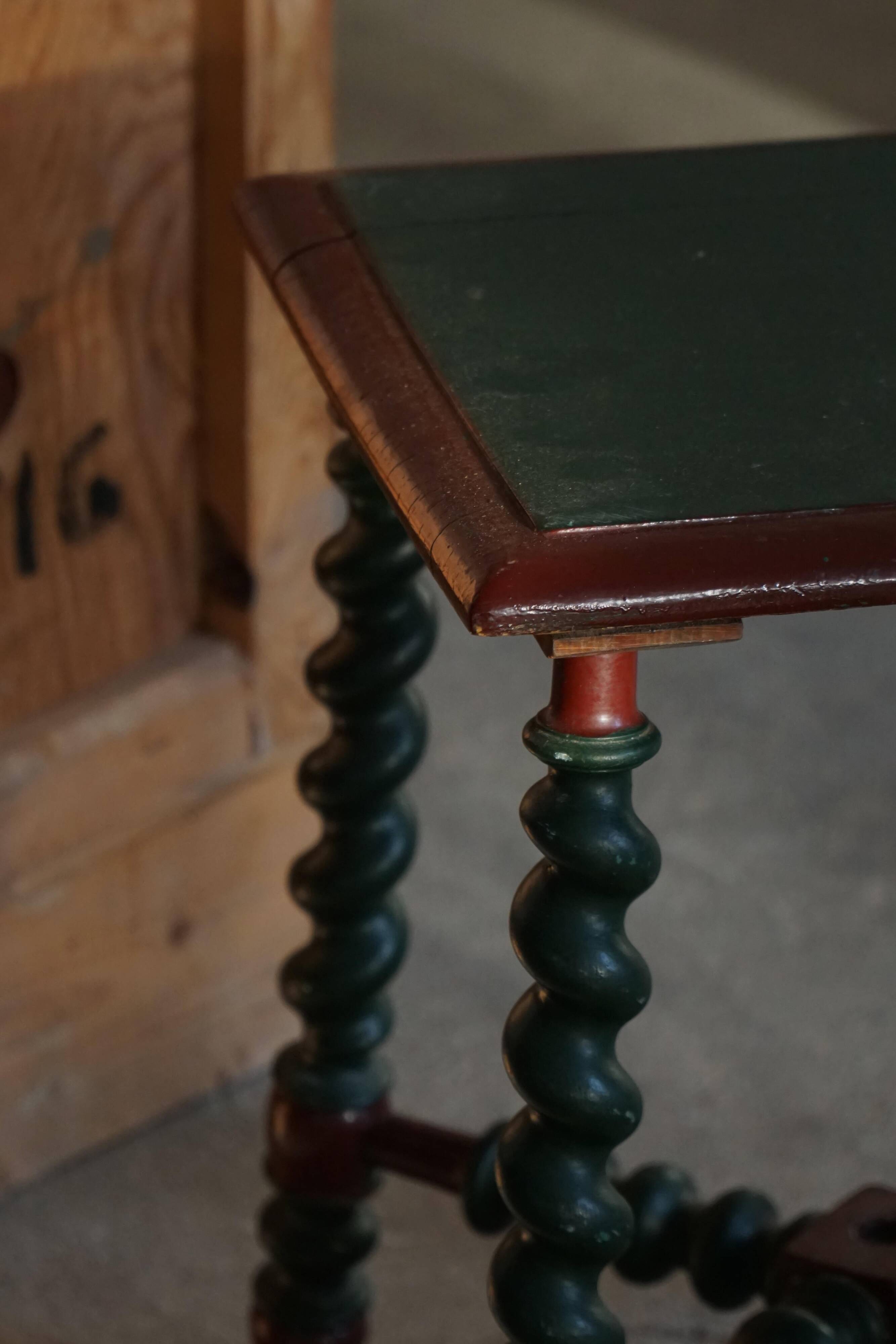 Vintage Scandinavian Stool Painted in Dark Green and Dark Red Wood, Folk Style, 1940s