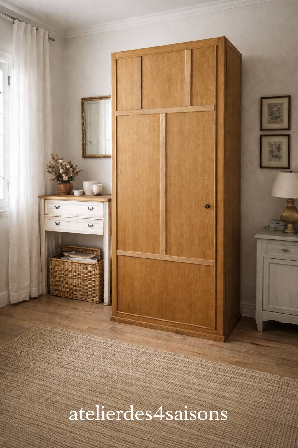 Vintage wooden wardrobe, modular wooden shelves.
