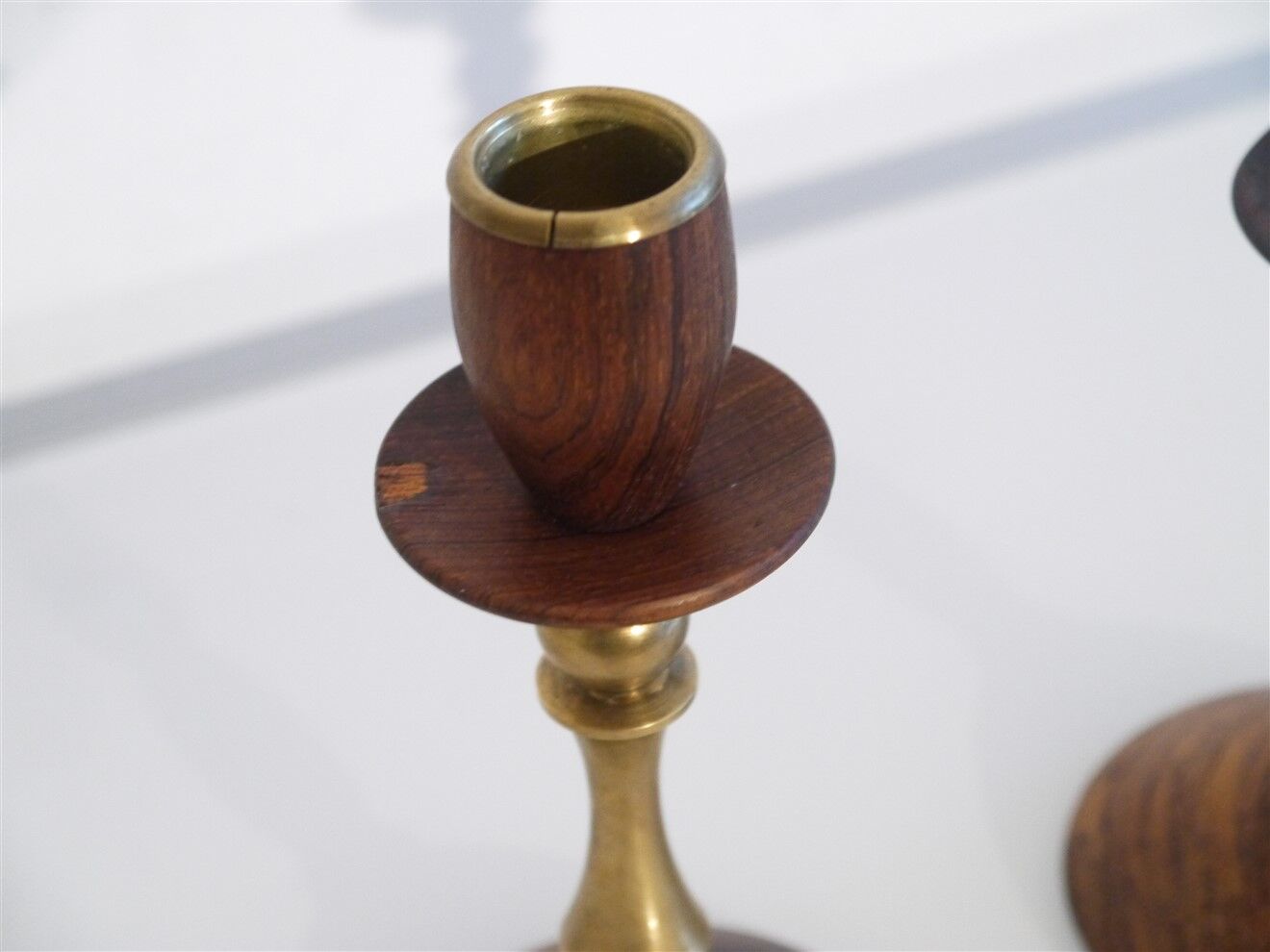 Pair of Danish candle holders in brass and rosewood 1960