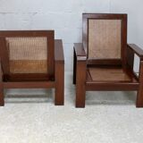 Pair of large armchairs. Wood and cane. Circa 1960