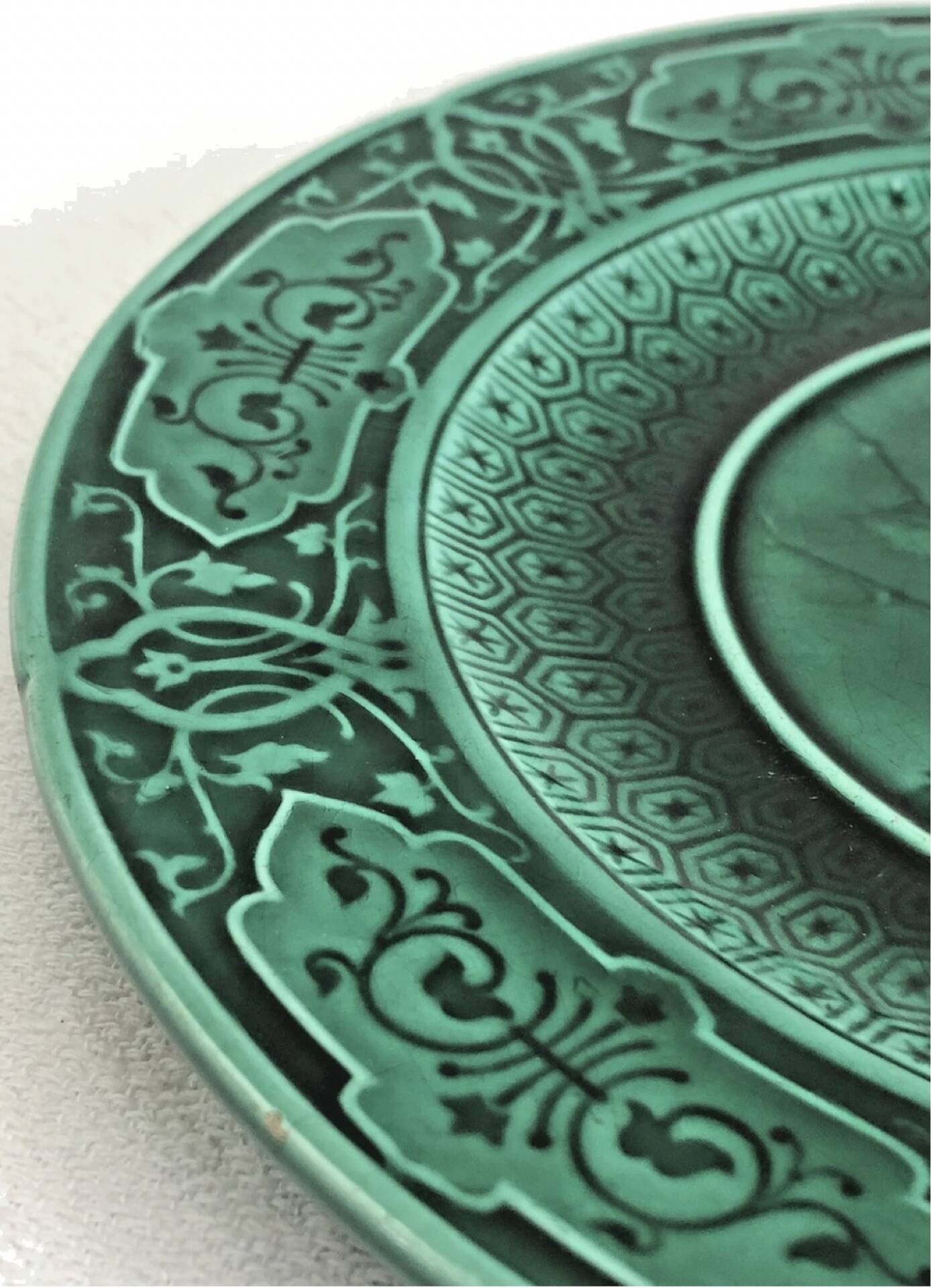 3 fruit plates Sarreguemines majolica shaded enamel Rubelles