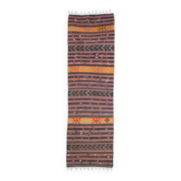 Tapis couloir en kilim turc fait main en laine vintage violet 109x398