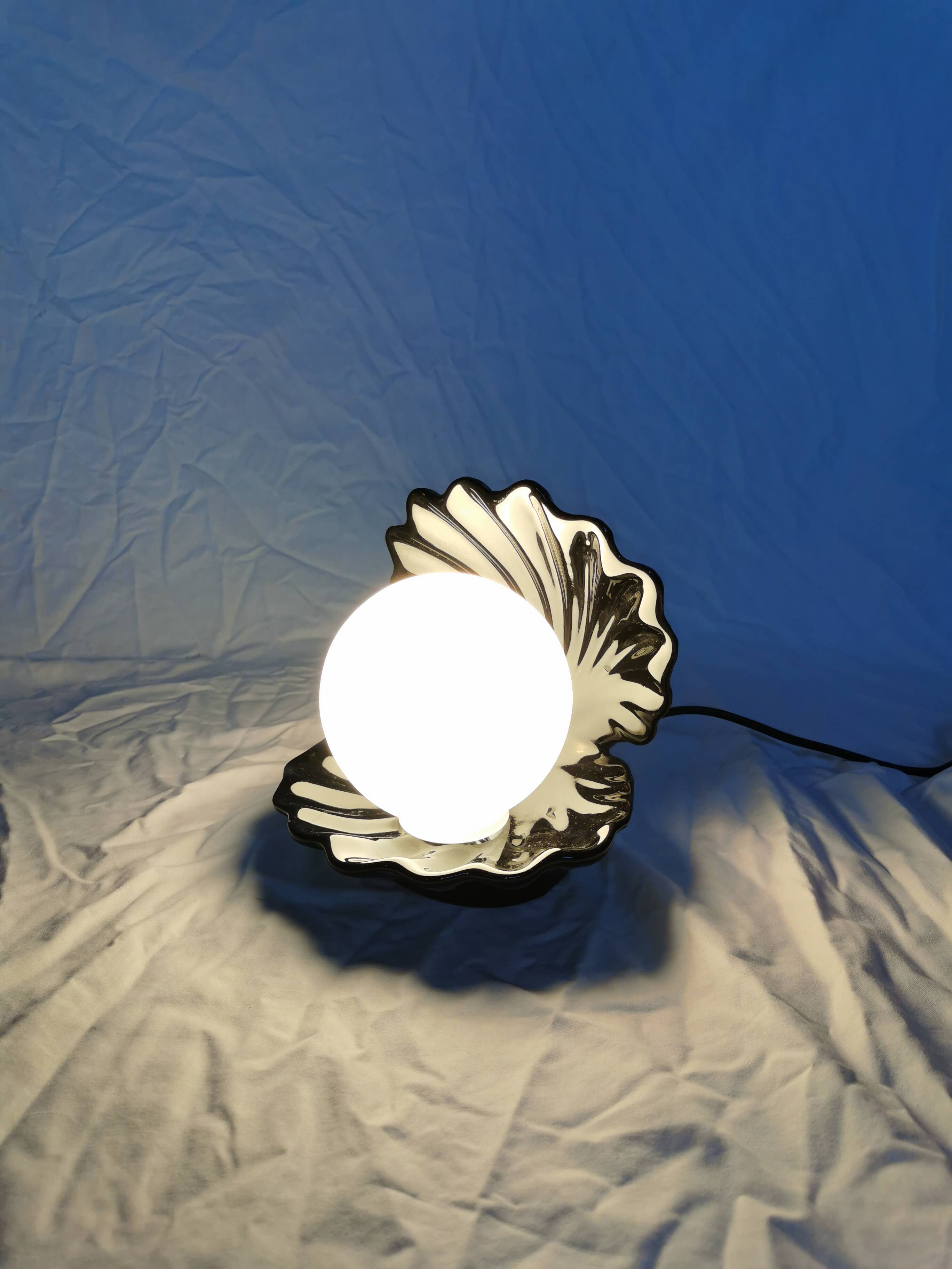 Ceramic shell lamp with opaline pearl, Saint-Jacques, France, 1980