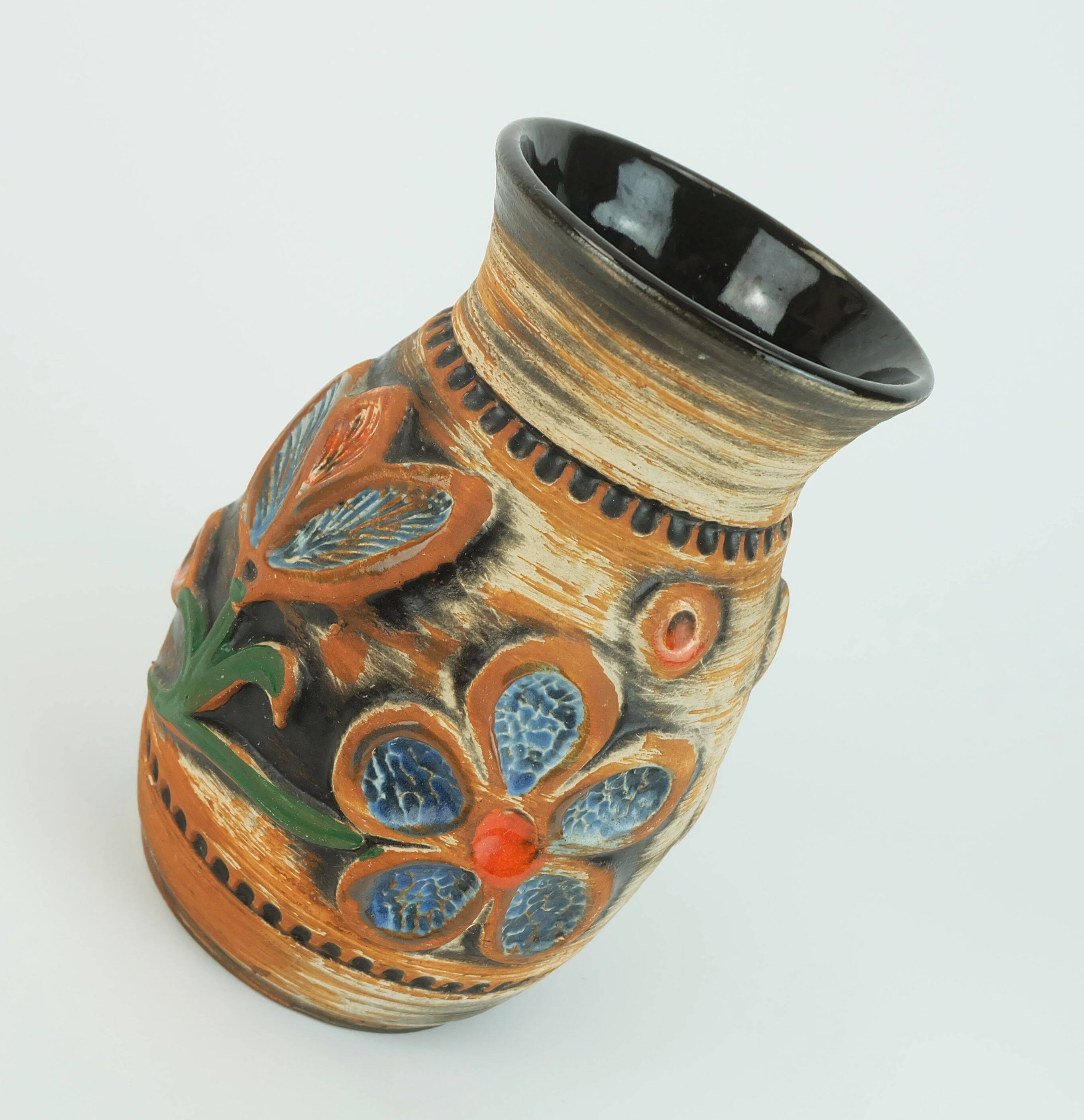 1960s bay ceramic vase multi-color relief flower decor model 94 17