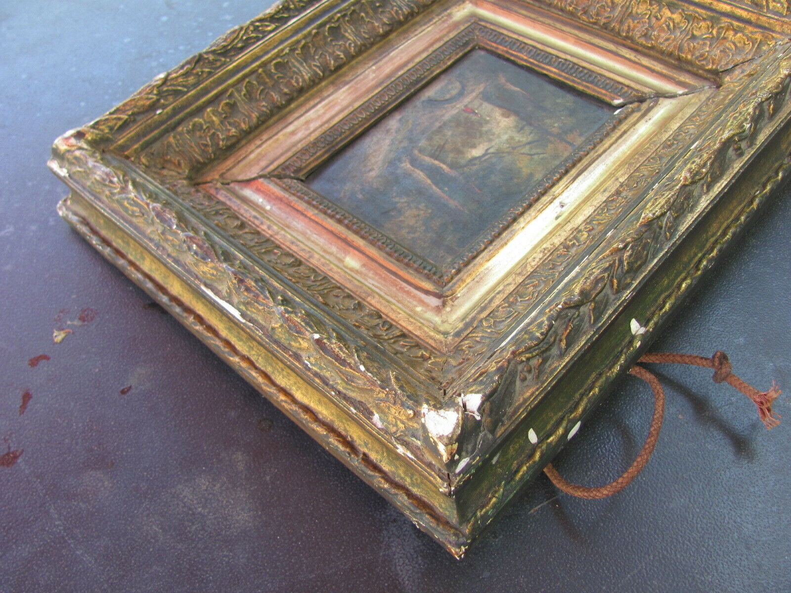 Oil on panel - dreamy young woman in a wooded gilded frame