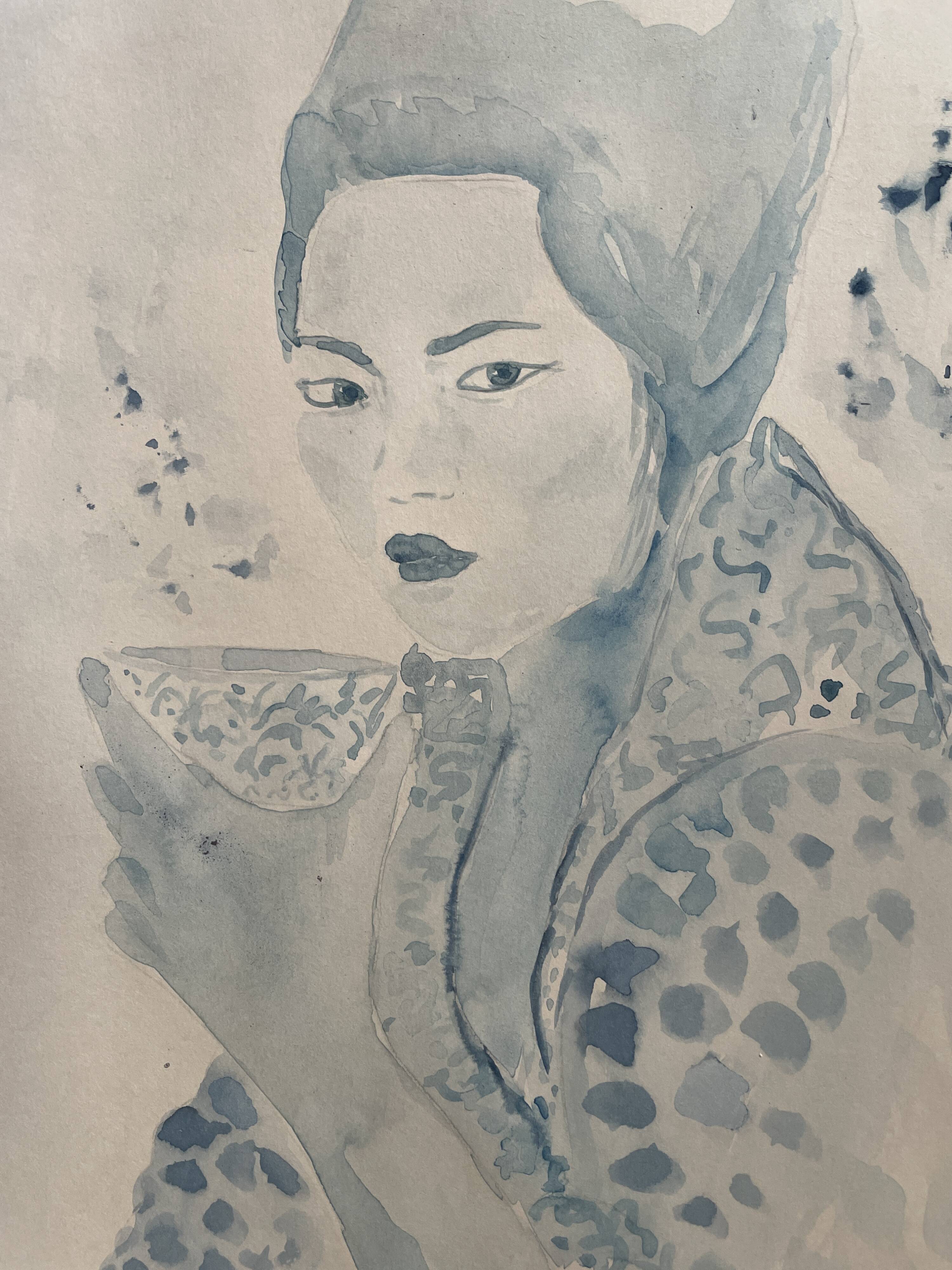 Signed blue watercolor painting “Geisha Tea Time” Japan