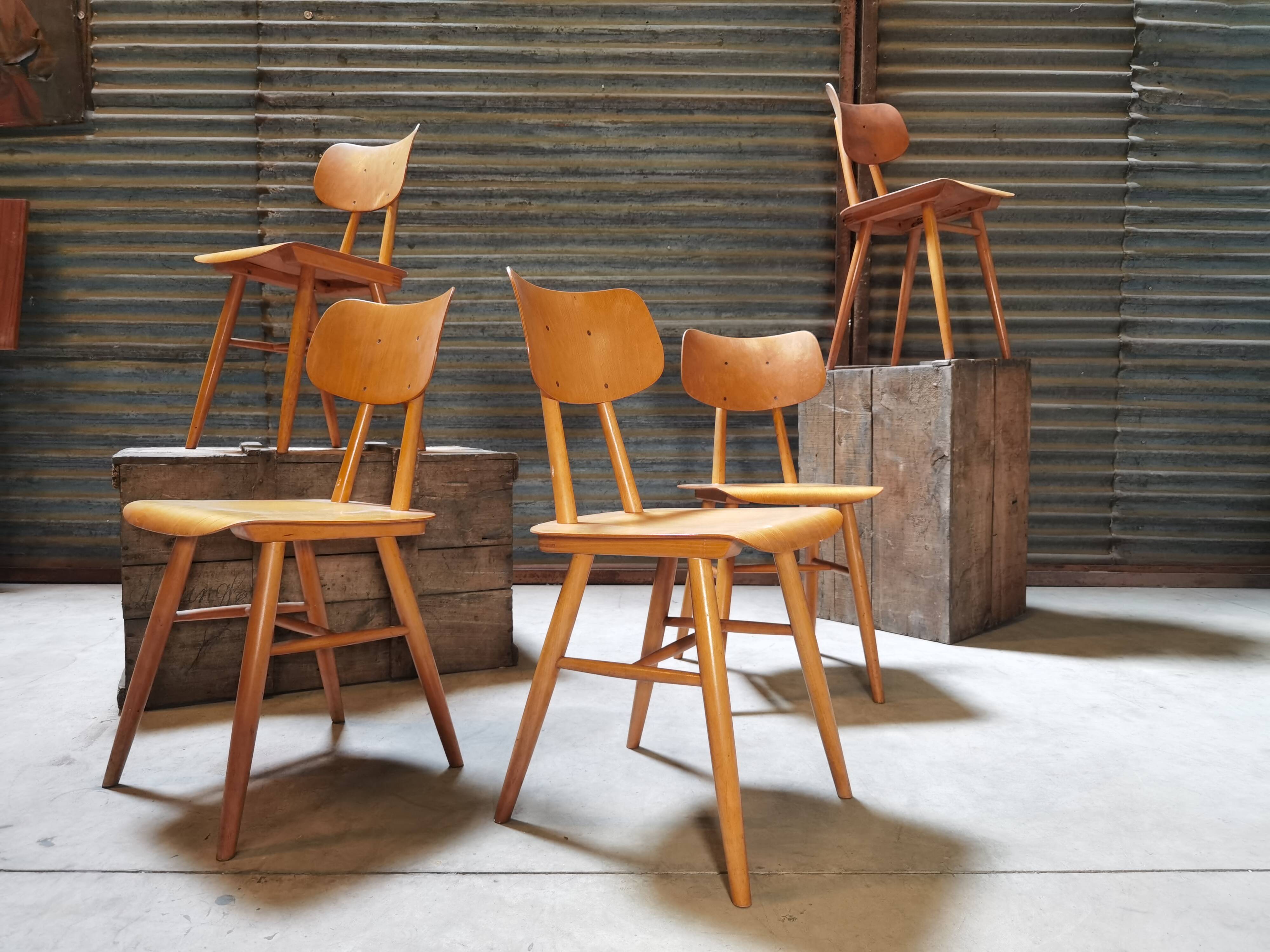 Set of 5 all-wood chairs published by Ton 1960