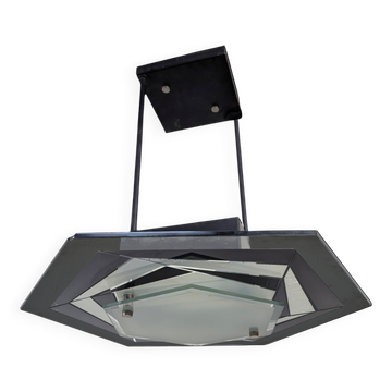 Modernist pentagonal suspension in glass and black lacquered metal.
