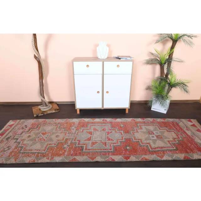 1970s Vintage Turkish Hand-Knotted Wool Cotton Red Runner Rug 90x307