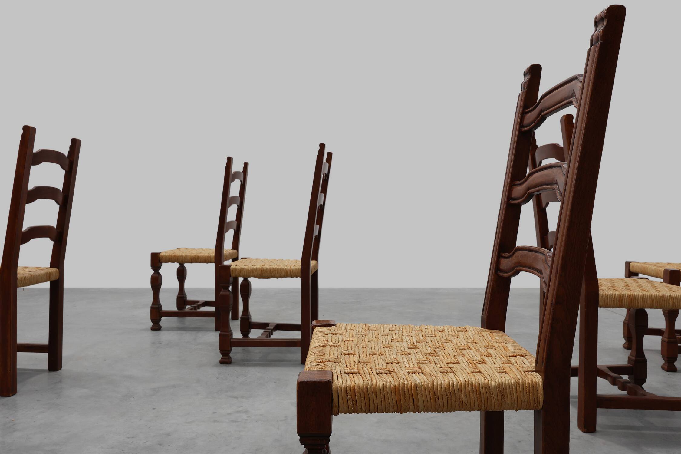 Set of 8 Brutalist Mid-Century Chairs in Wood and Wicker, Belgium ca. 1970