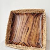 80s wooden and rattan tray - Vintage