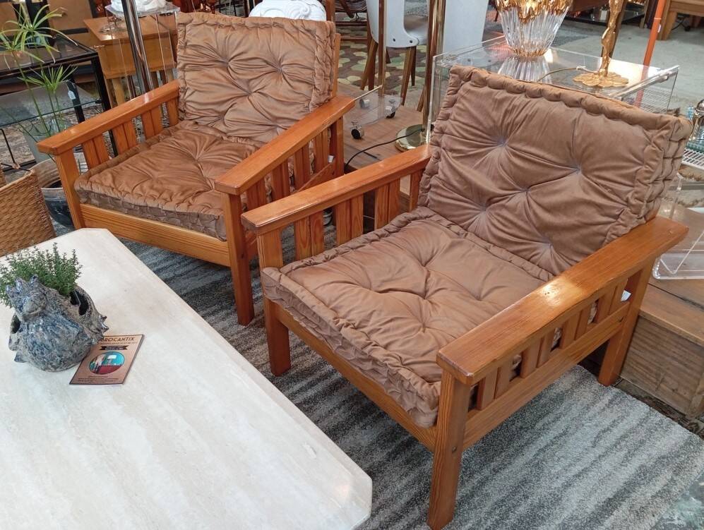 Pair of 70s pine armchairs