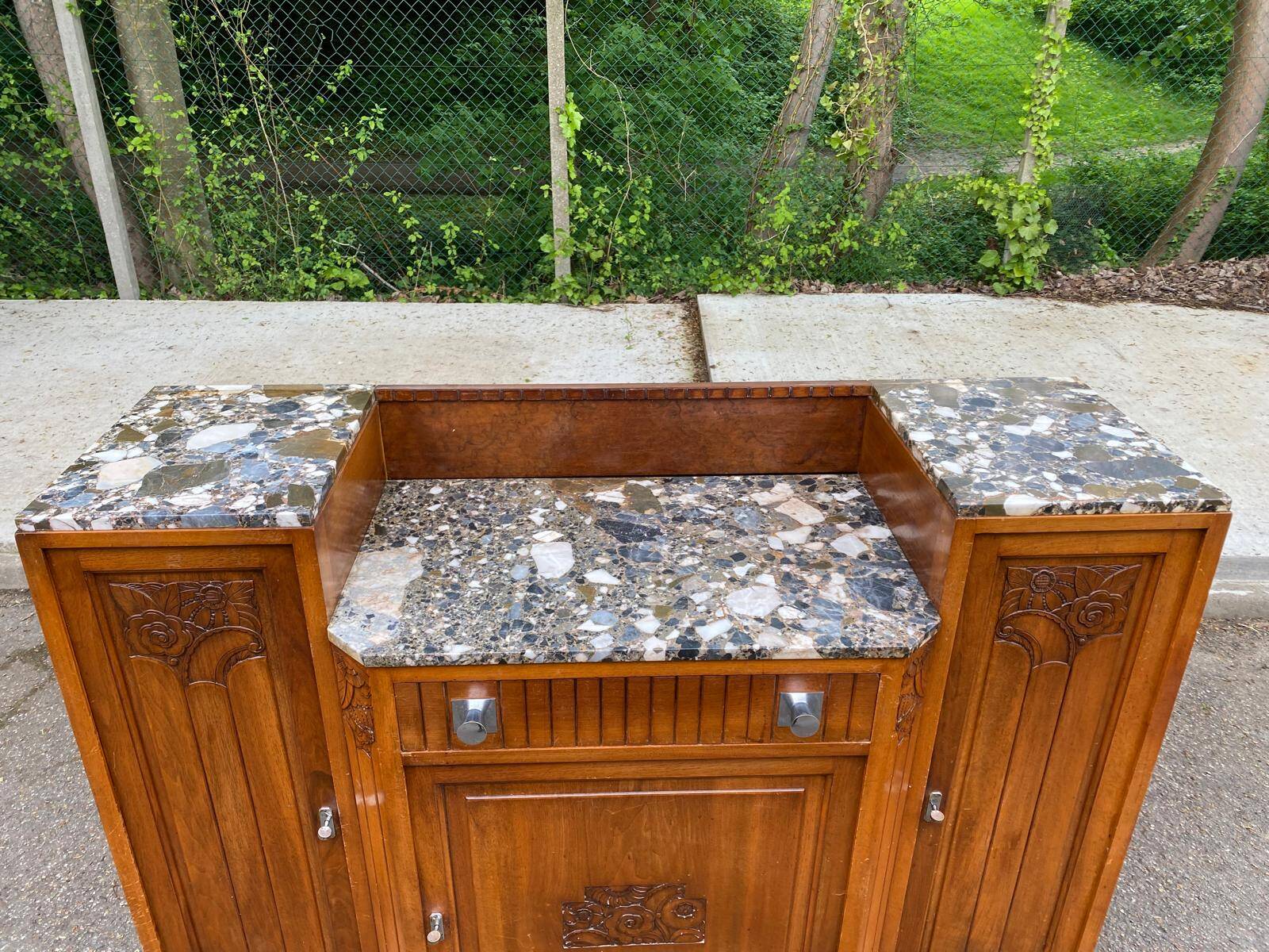 Art Deco 1930s marble and solid oak wood mirror sideboard