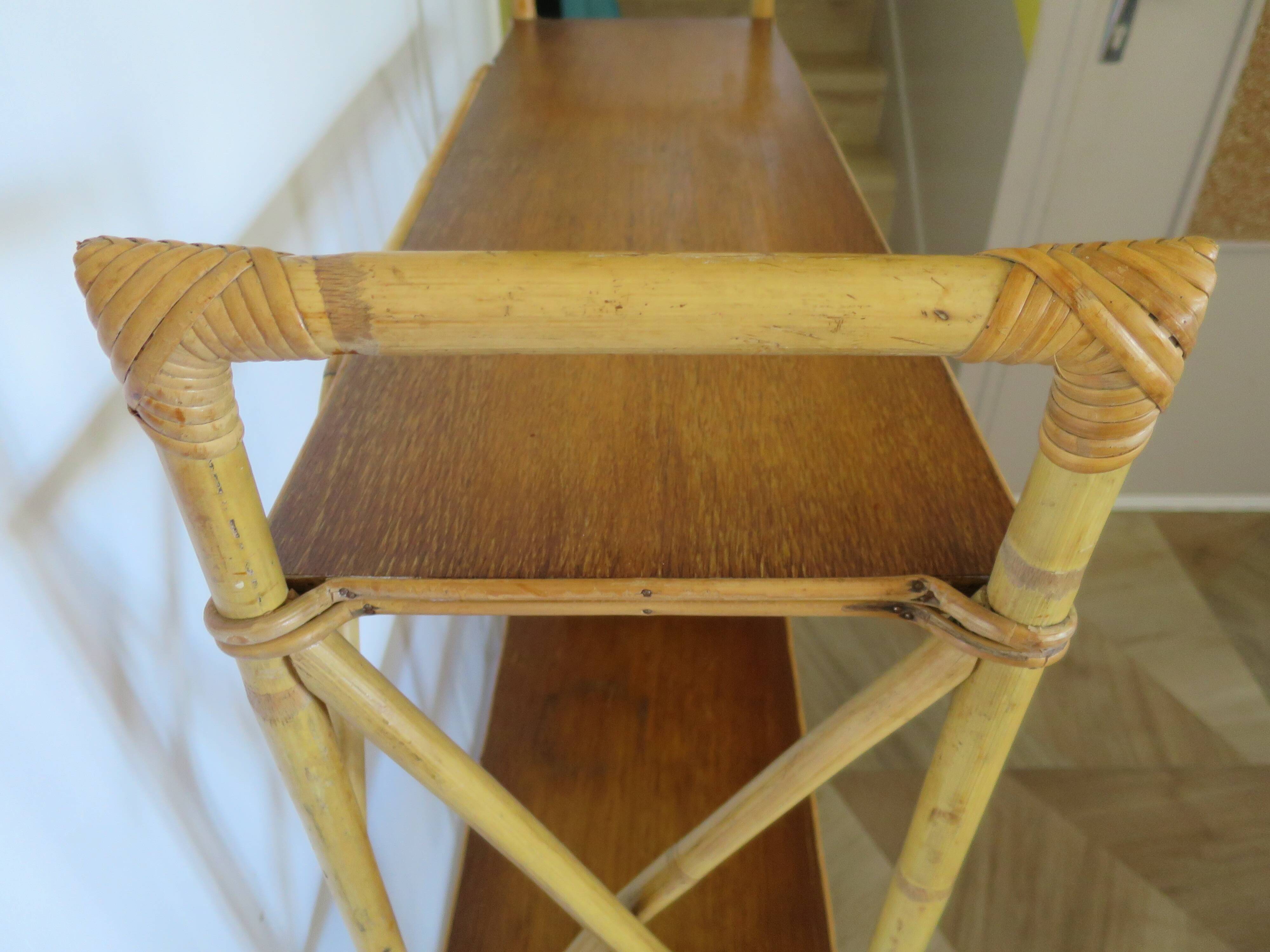 vintage -étagère-bibliotheque-bibus-asymétrique-bambou-bois-rotin-années 60