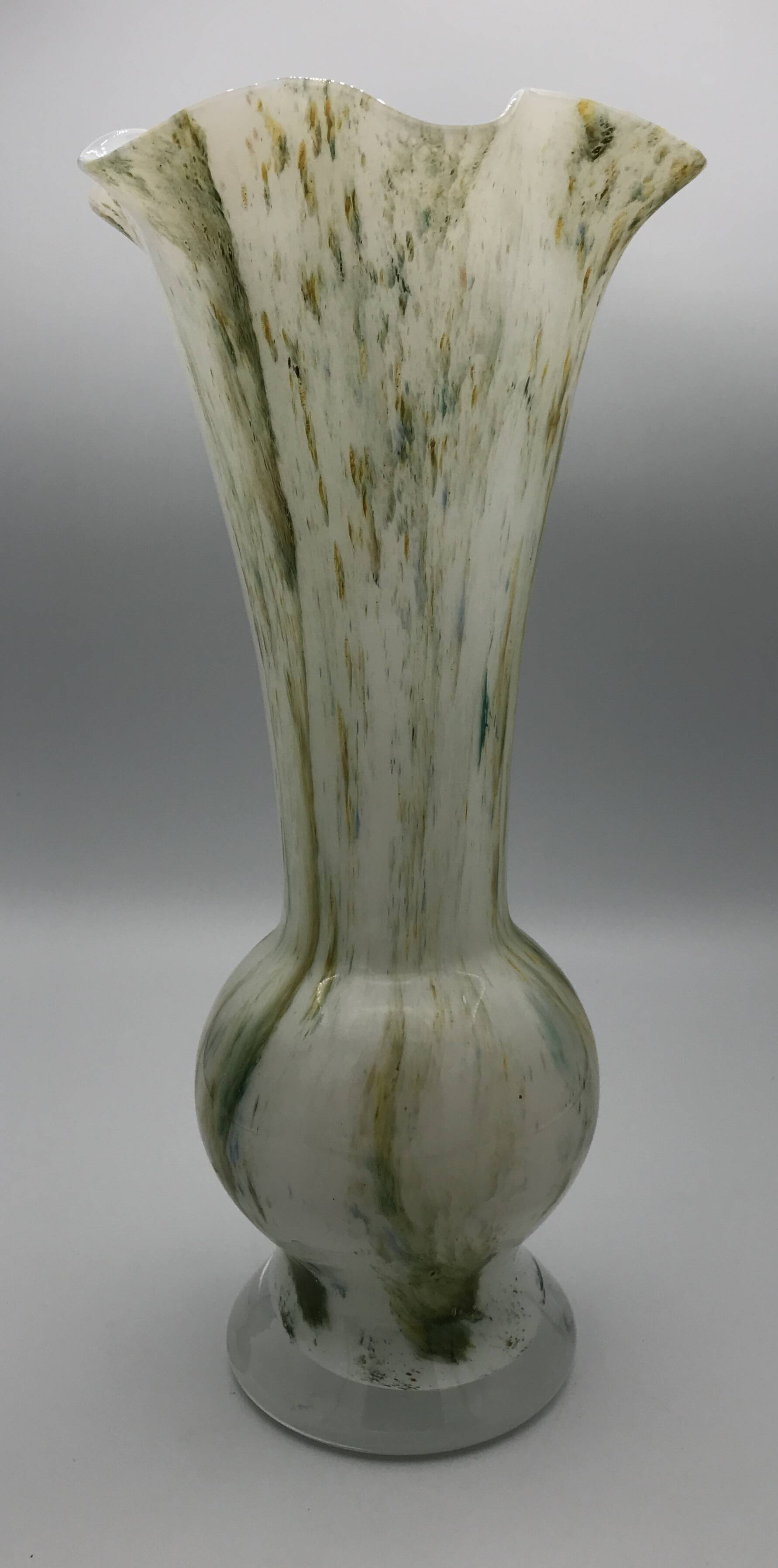 Vase in white opaline blown glass and green, yellow, blue polychrome shades