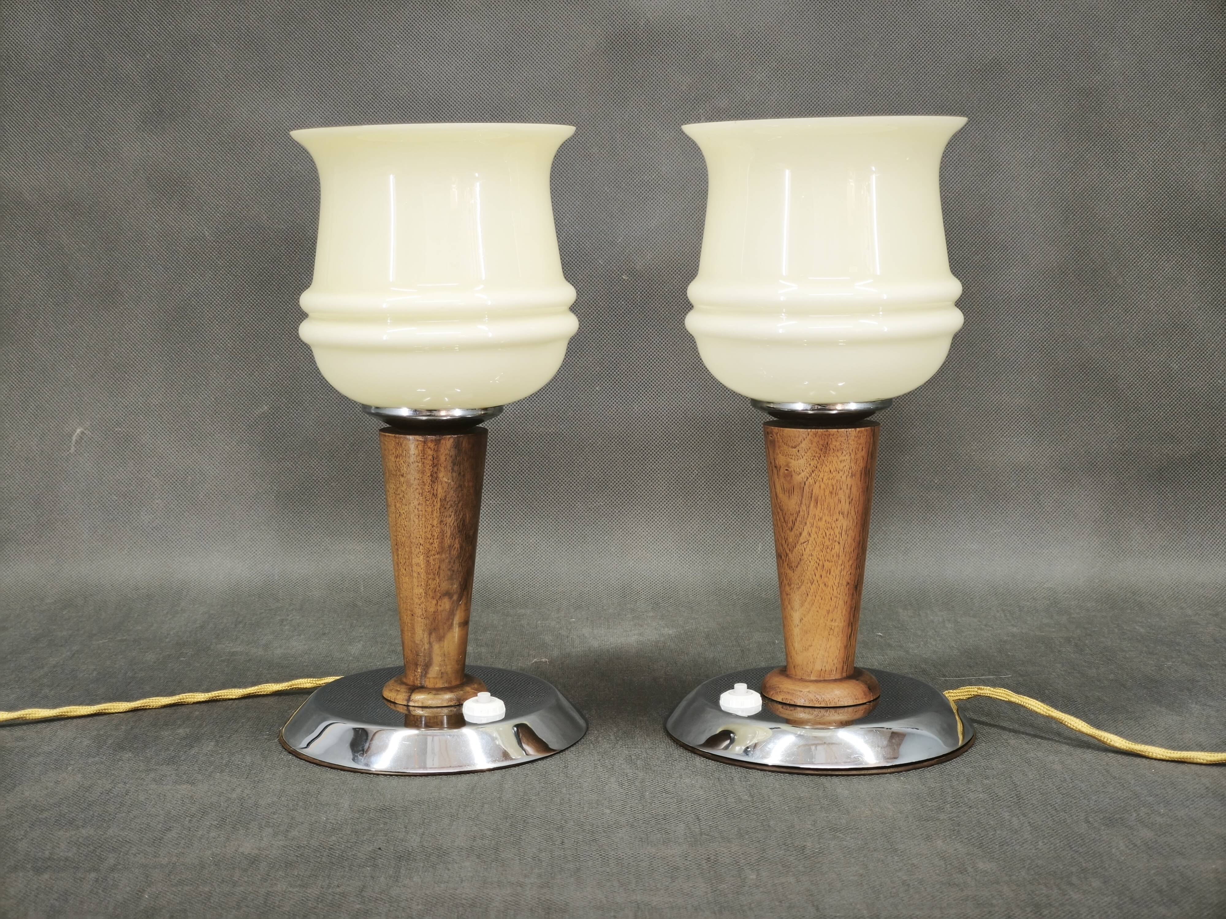 Pair of Italian Opaline Glass, Wood and Chrome Table Lamps, 1950s