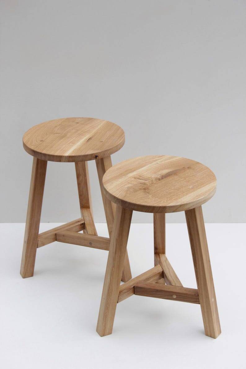 Oak stool with round seat and three legs, minimalist stool with tr
