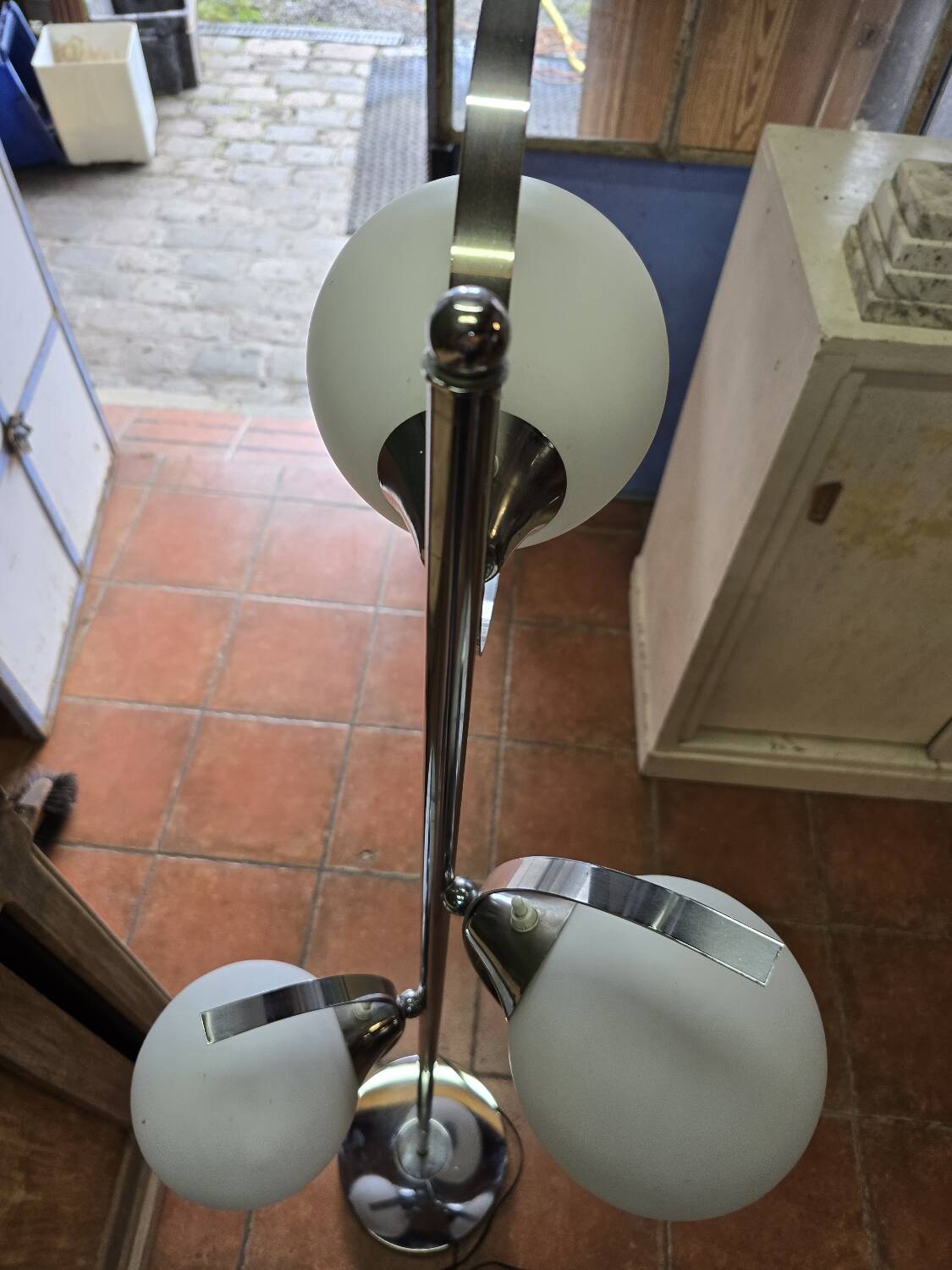 70s chrome metal floor lamp with 3 opaline ball lights