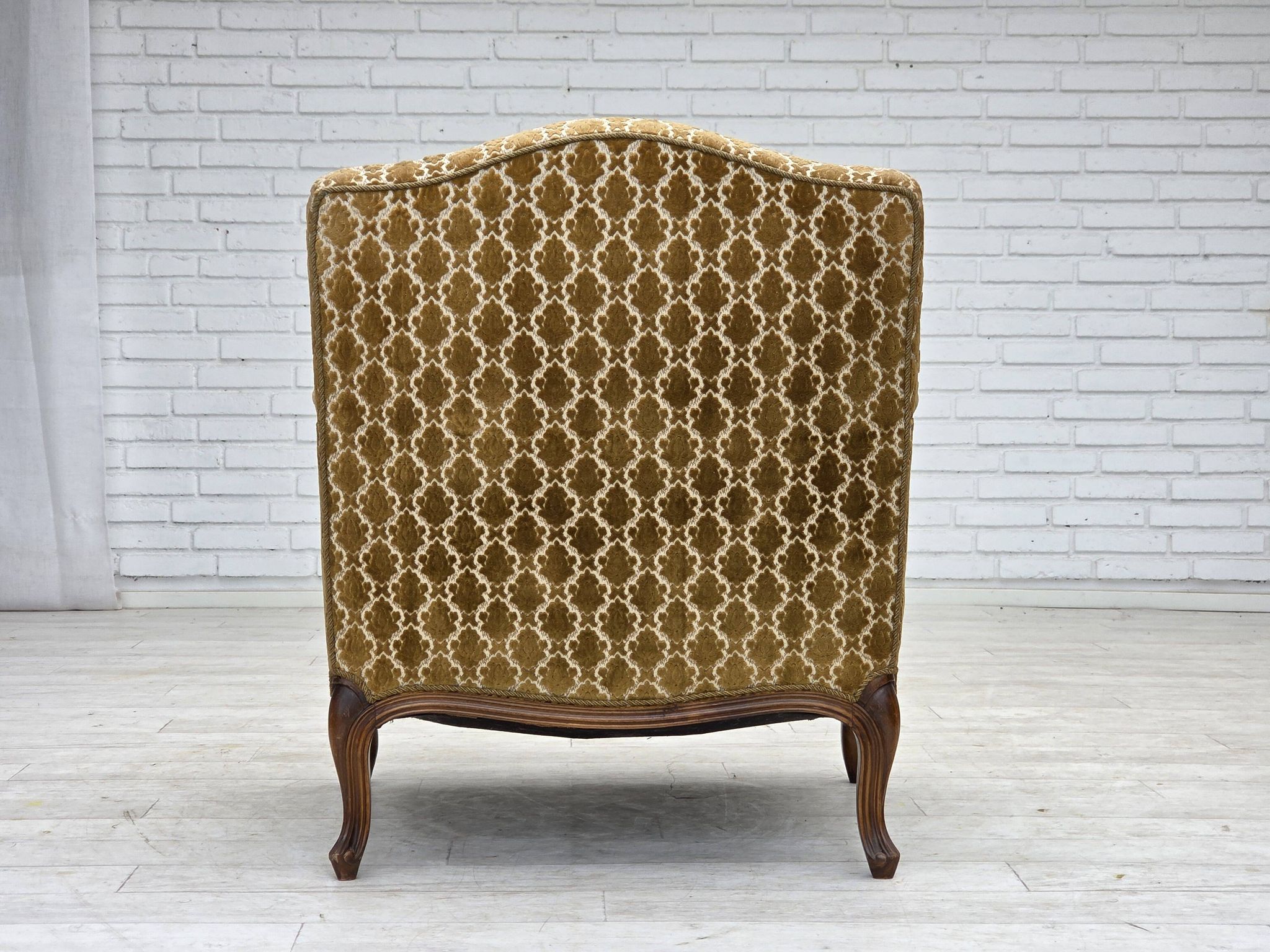 1950s, Danish relax chair, furniture velour, carved ash wood.