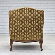 1950s, Danish relax chair, furniture velour, carved ash wood.