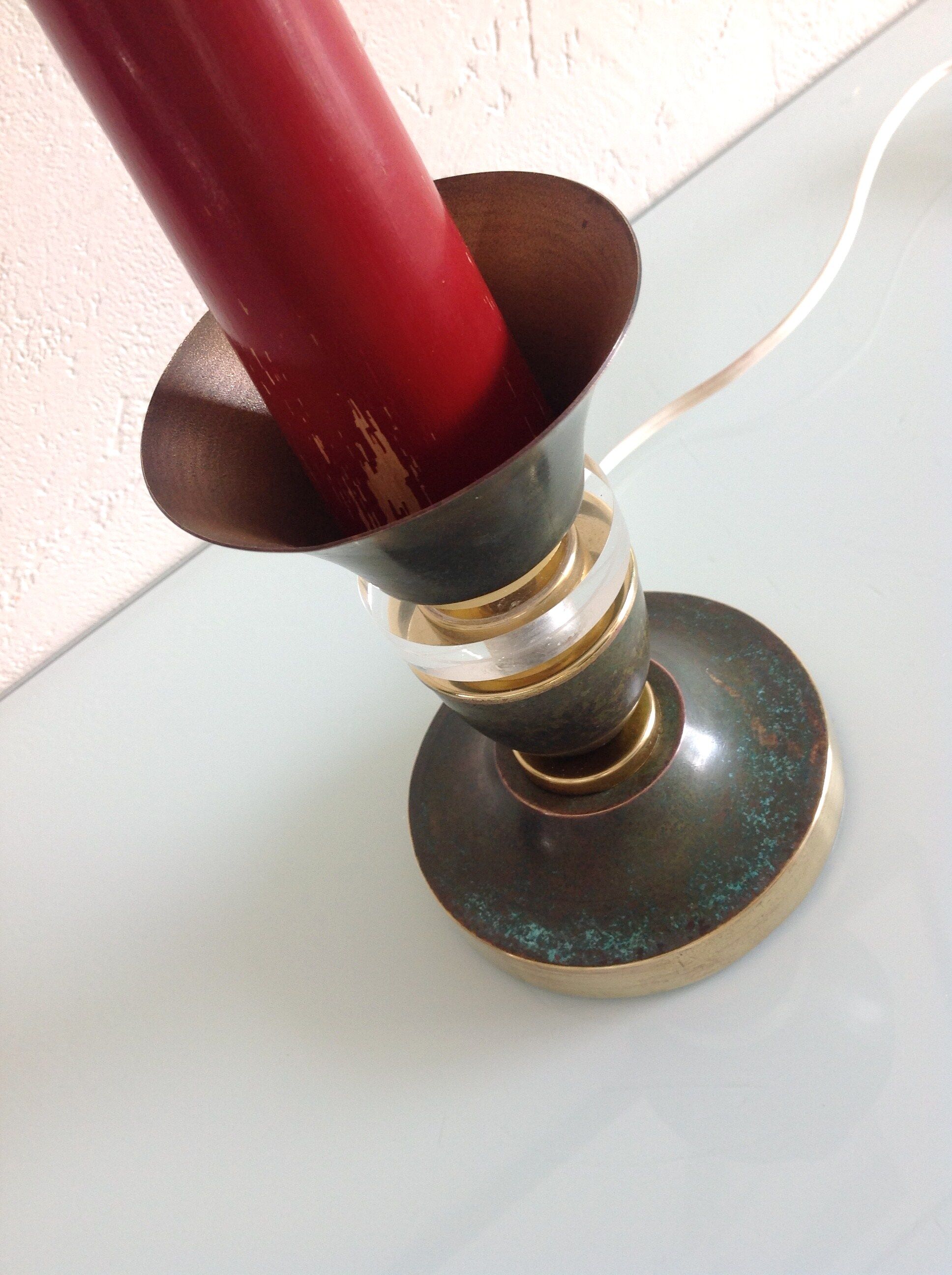 Brass lamp foot and art deco style wood