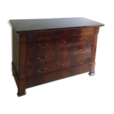 Commode Louis Philippe bois et marbre noir, 4 tiroirs