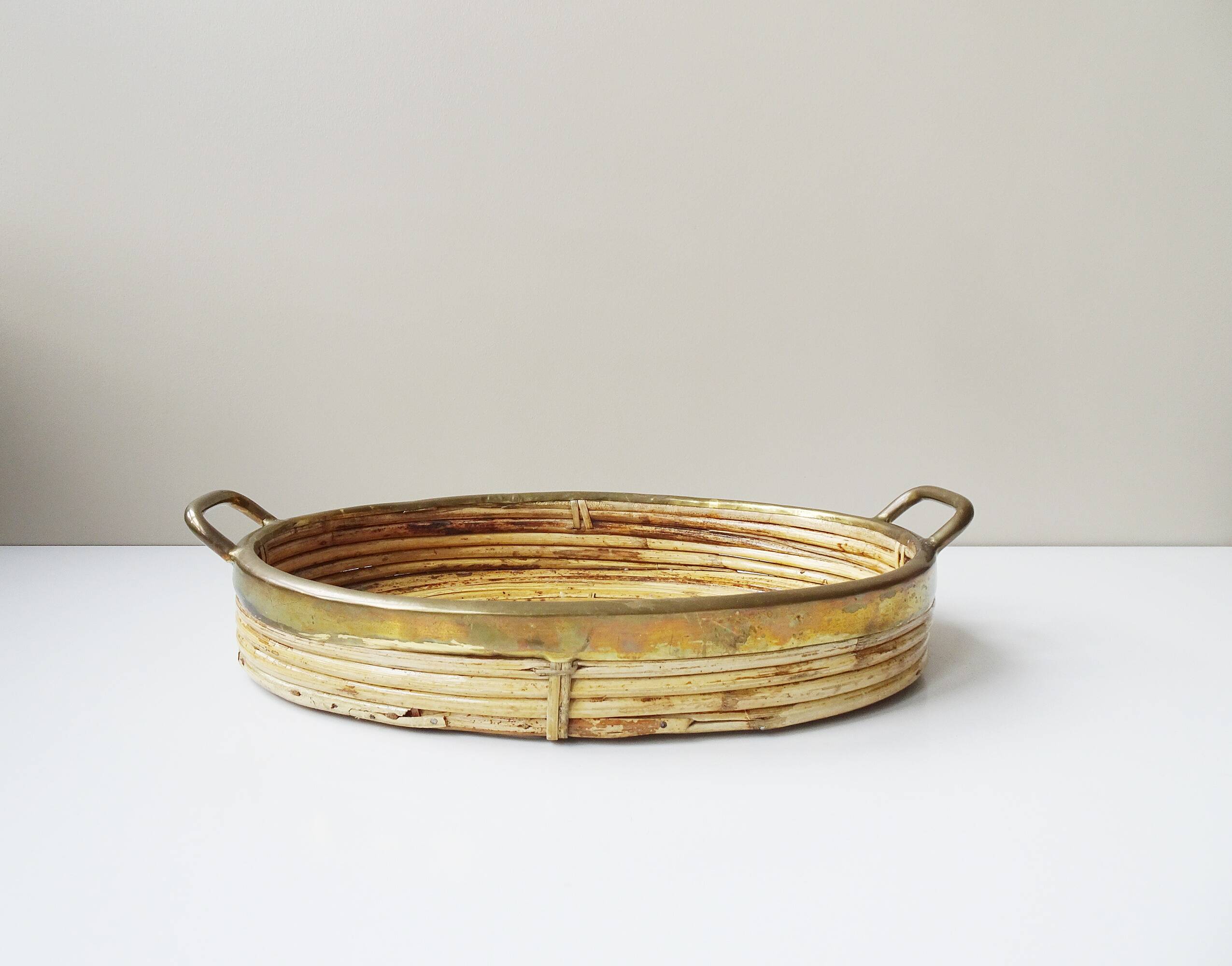 Rattan and brass tray, Gabriella Crespi style serving tray ​