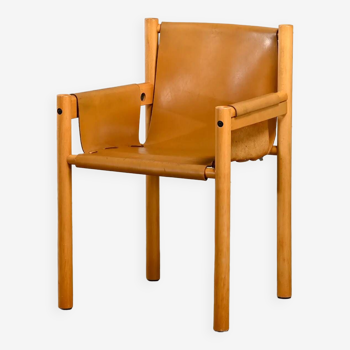 Fauteuil Bois et Cuir Saddle couleur cognac, Ibisco Italie Années 70