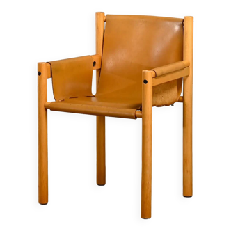 Armchair Wood and cognac colored Saddle Leather, Ibisco Italy 1970s