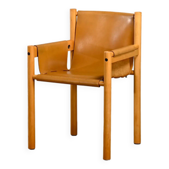 Fauteuil Bois et Cuir Saddle couleur cognac, Ibisco Italie Années 70