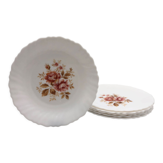 6 Dessert Plates "Arcopal" with flower motifs.