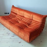 Amber orange velvet Togo 3-seater sofa by Michel Ducaroy for Ligne Roset, 1973