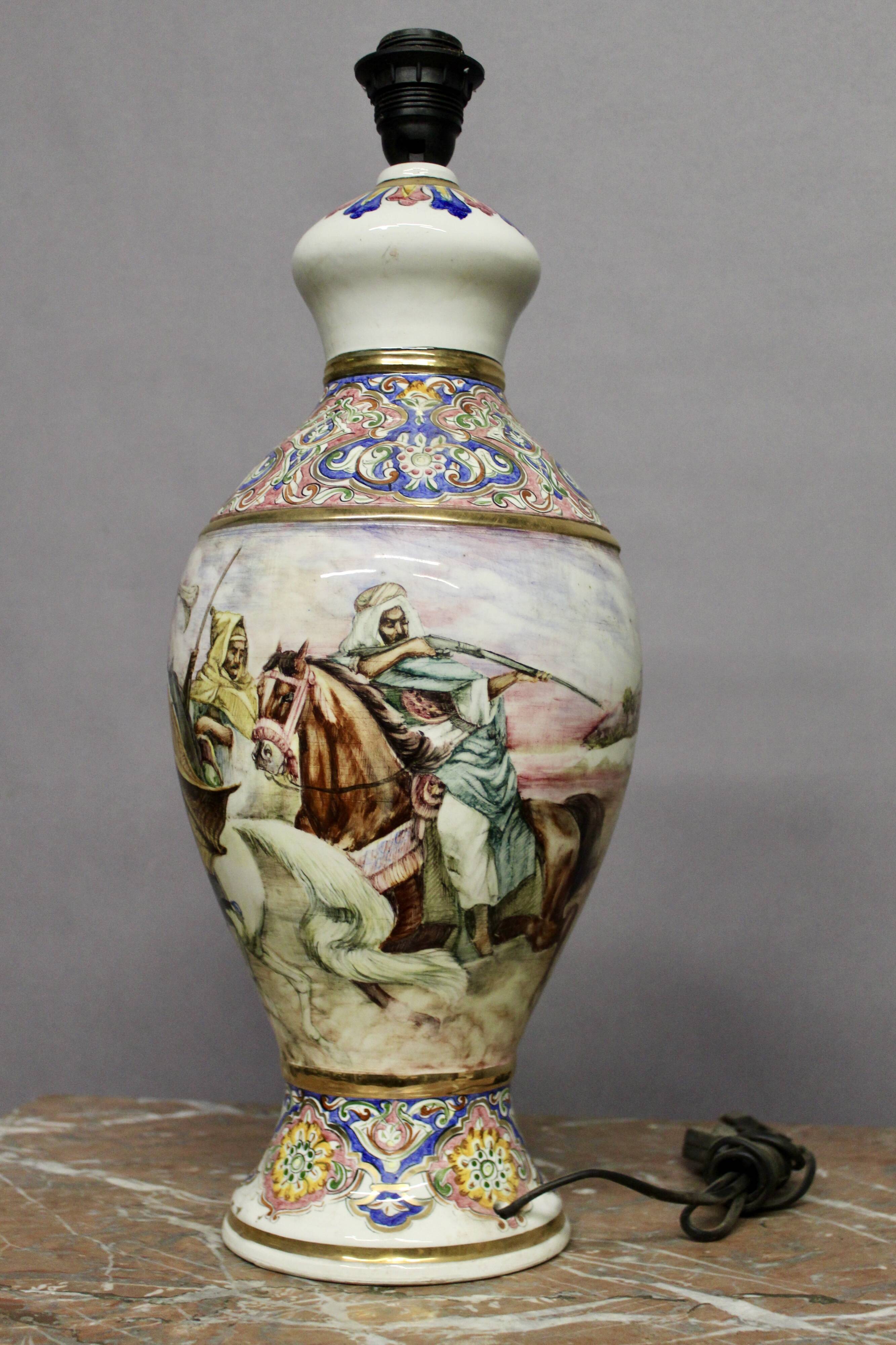 Ceramic lamp with oriental decoration and signature