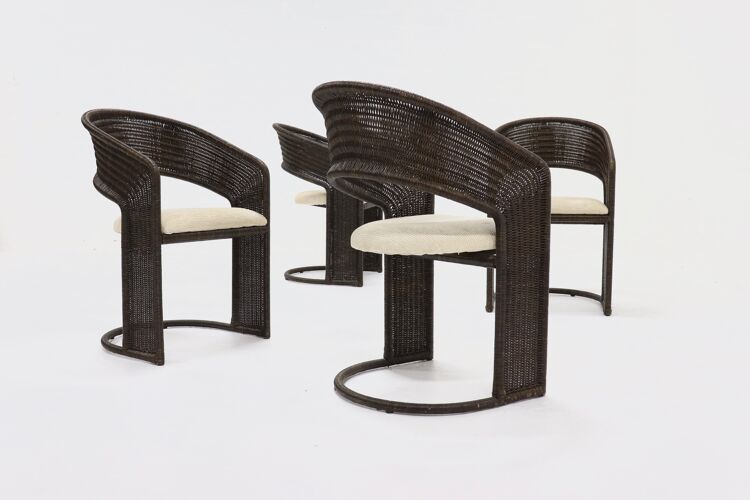 Ensemble de 4 chaises de salle à manger en rotin par Luit van der Helm, Pays-Bas années 1970
