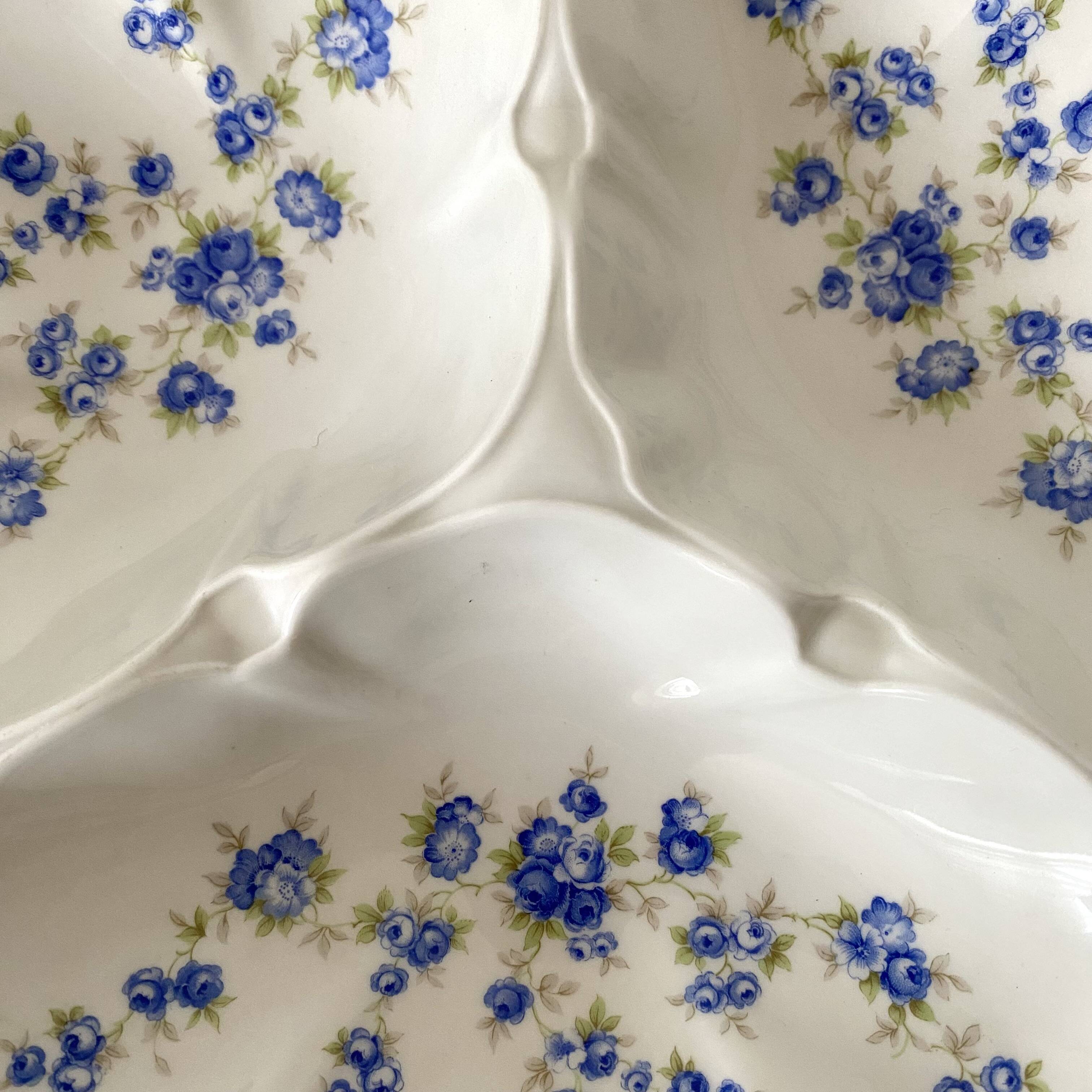 Pillivuyt porcelain 3-compartment dish, blue flowers