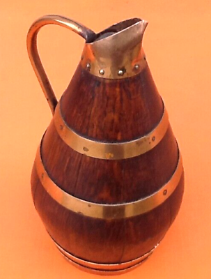 1940s Cider barrel pitcher Oak wood encircled with riveted copper