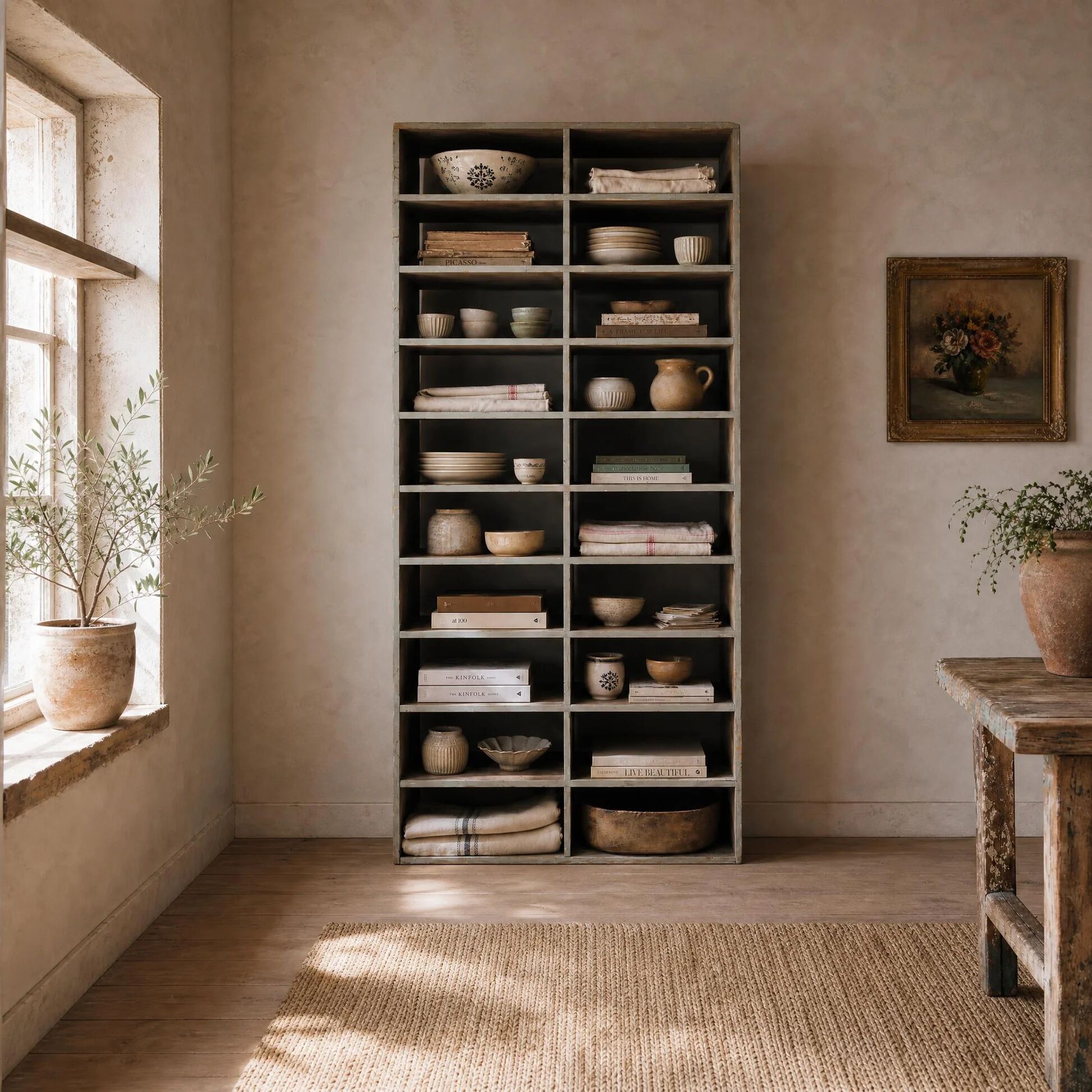 Large antique workshop cabinet with patinated wooden compartments, 20th century.