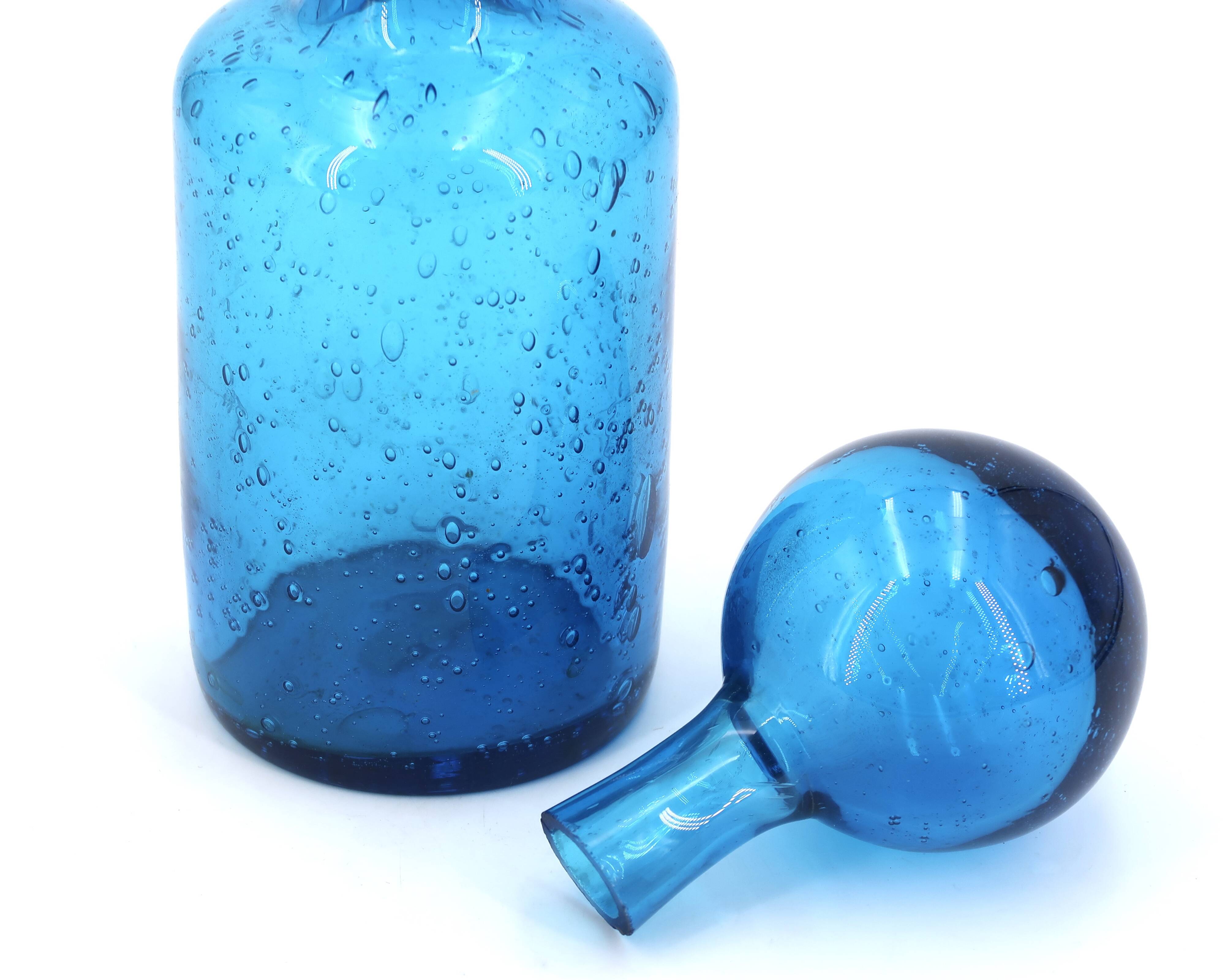 Blue bubbled glass carafe from Portieux, 1970s
