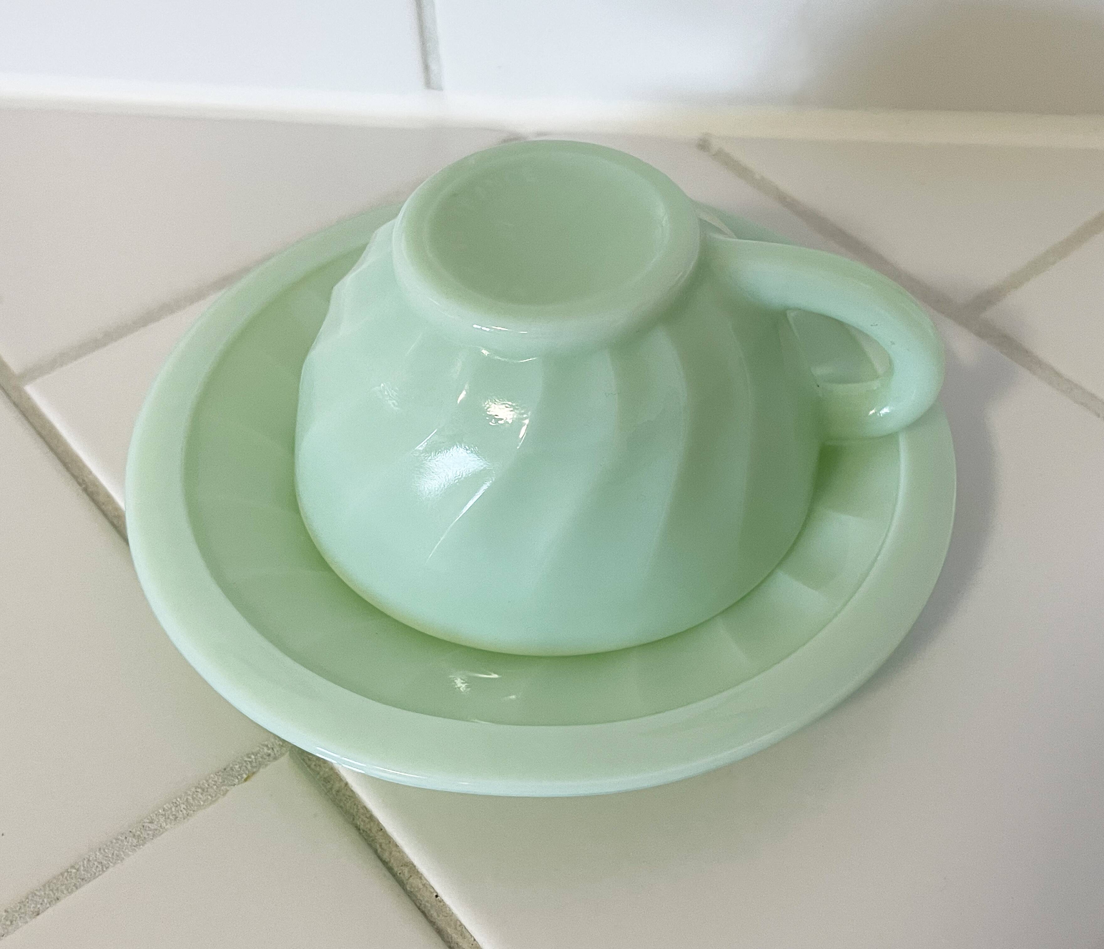 Mint Green Opaline Coffee Cup and Saucer with Swirl Motif, Vintage Art Deco