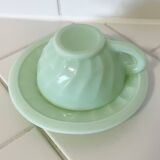 Mint Green Opaline Coffee Cup and Saucer with Swirl Motif, Vintage Art Deco