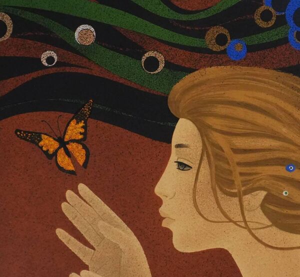 Yves Ganne : La femme au papillon, lithographie originale signée