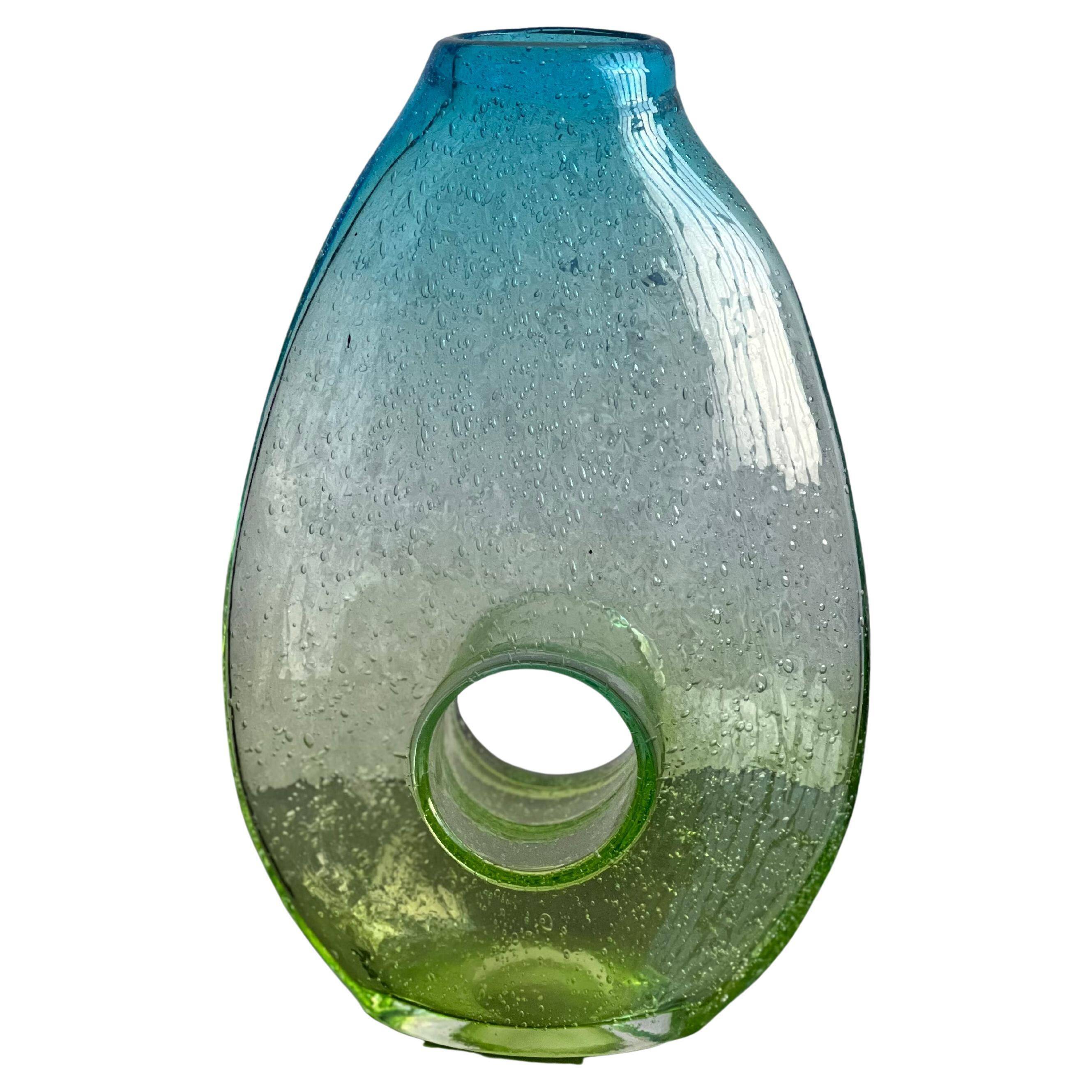Sculptural green yellow Bullicante vase, decorative accent, bookcase accessory